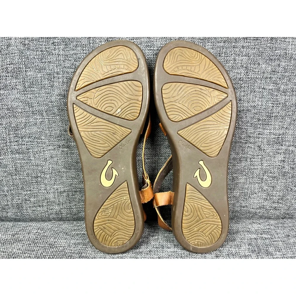 OluKai Upena Sandals Womens 9 Kona Coffee Champagne Leather Strappy
